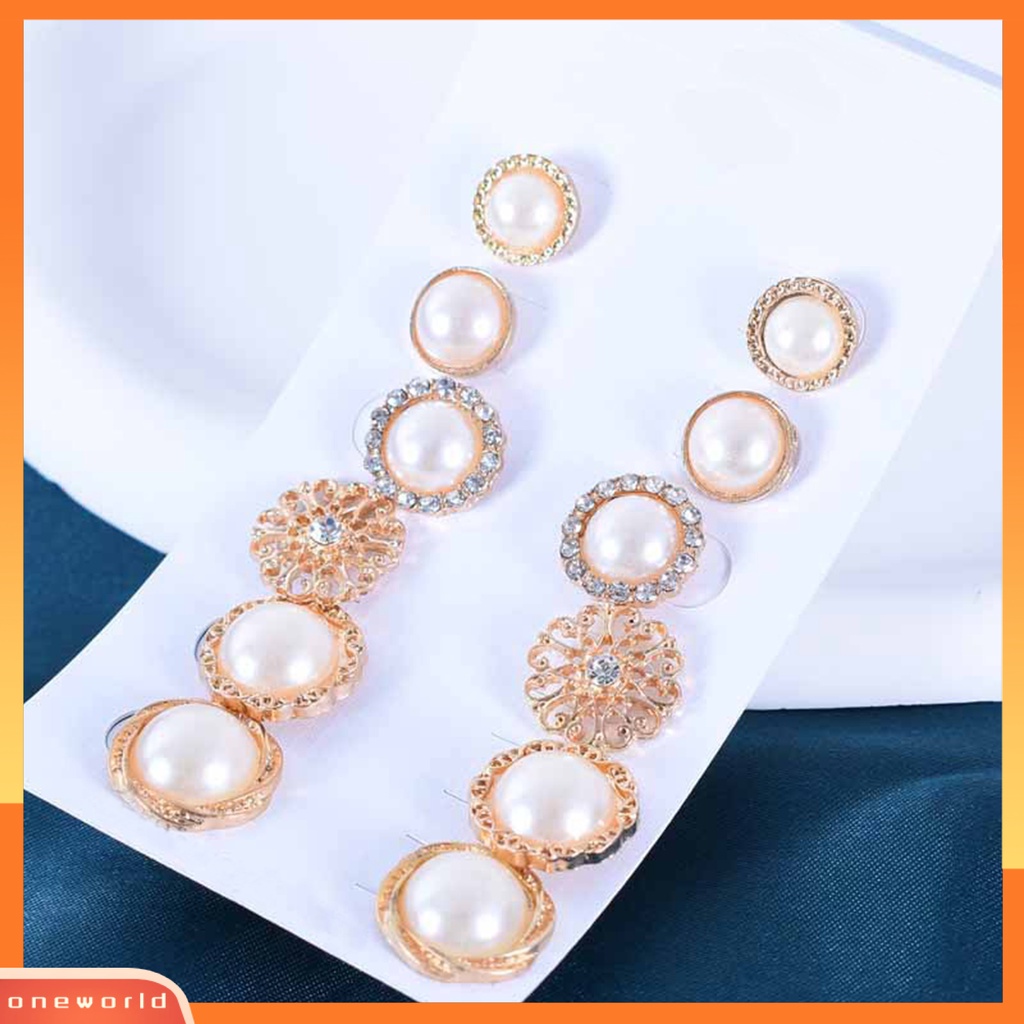 [WOD] 6pasang Anting Stud Bulat Berlian Imitasi Mengkilap Hias Electroplating Semua Pertandingan Dekorasi Hadiah Faux Pearl Flower Women Ear Studs Jewelry Untuk Pacaran