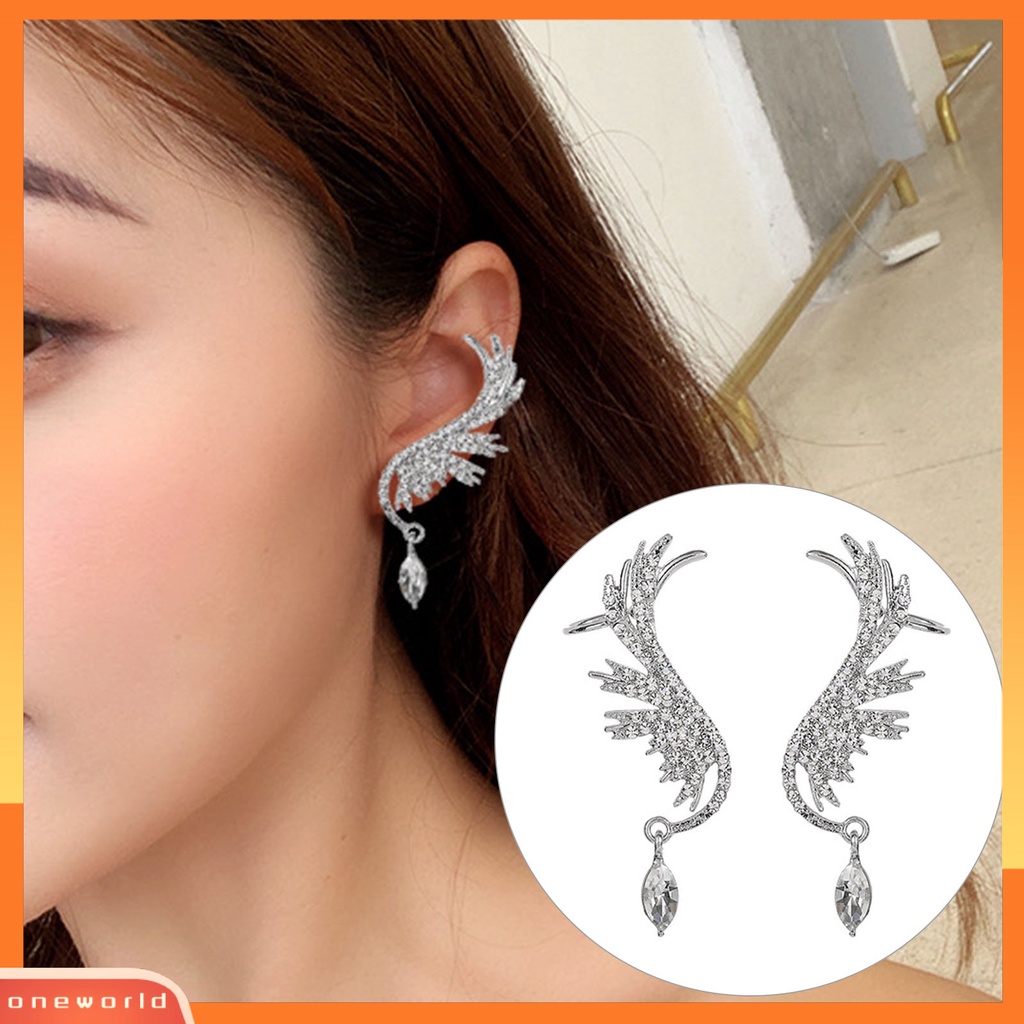 [WOD] 1pasang Mewah Romantis Drop Earrings Alloy Sayap Malaikat Berlian Imitasi Klip Anting Perhiasan Pesta