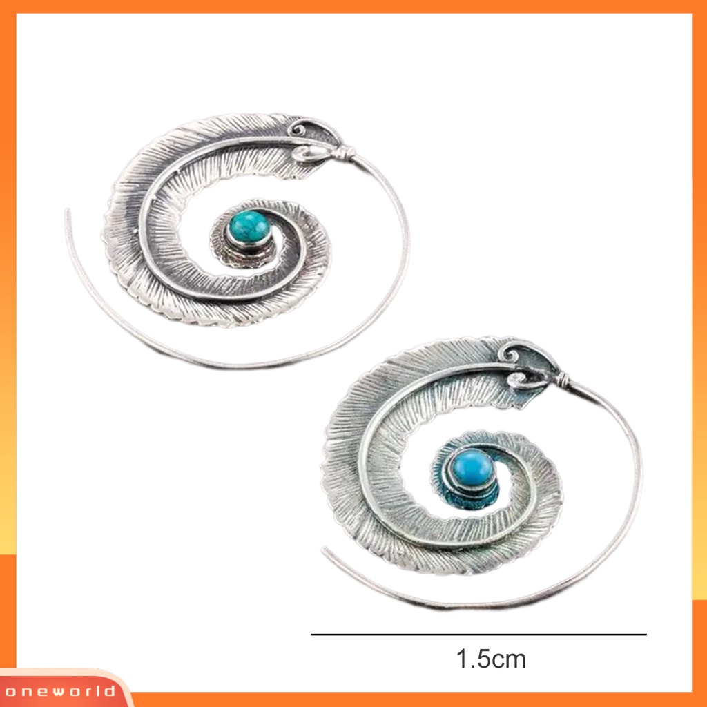 [WOD] 1pasang Anting Hoop Vintage Boho Faux Turquoise Geometris Bulat Dekorasi Ukir Wanita Spiral Bulu Menjuntai Anting Pesona Perhiasan Untuk Pakaian Sehari-Hari