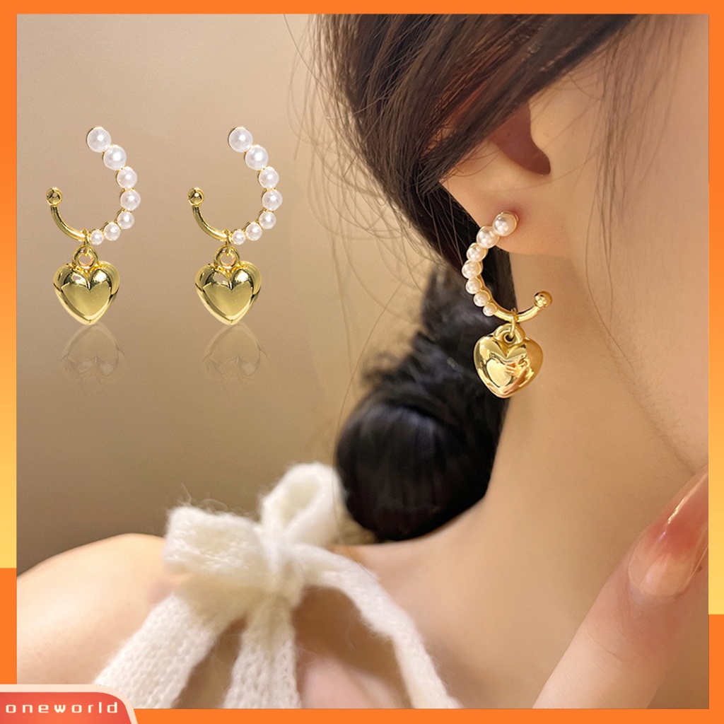 [WOD] 1pasang Drop Earrings Temperamen Elegan Mutiara Imitasi Kilau Terang Geometris Hias Hadiah Wanita Romantis Hati Liontin Stud Earrings Perhiasan Untuk Pakaian Sehari-Hari