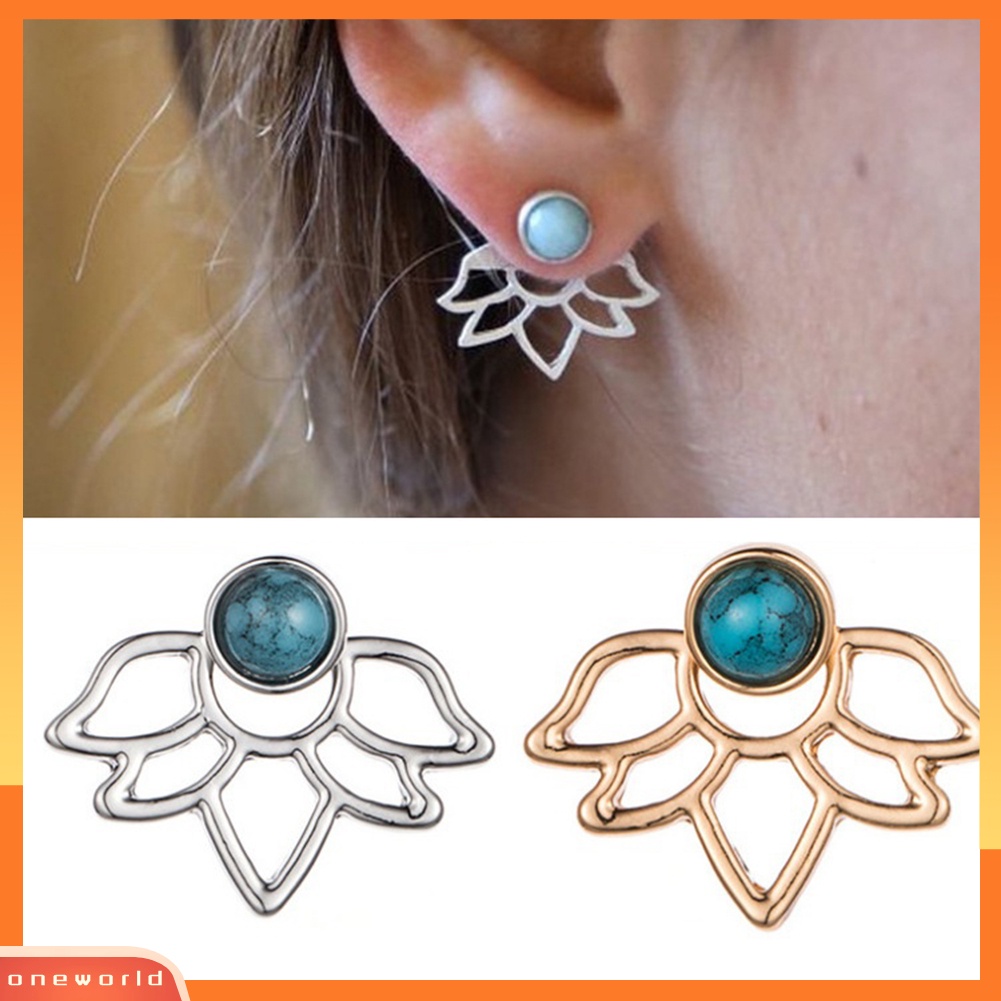 [WOD] Boho Berongga Lotus Bunga Bead Ear Stud Earrings Jaket Telinga Wanita Gadis Perhiasan