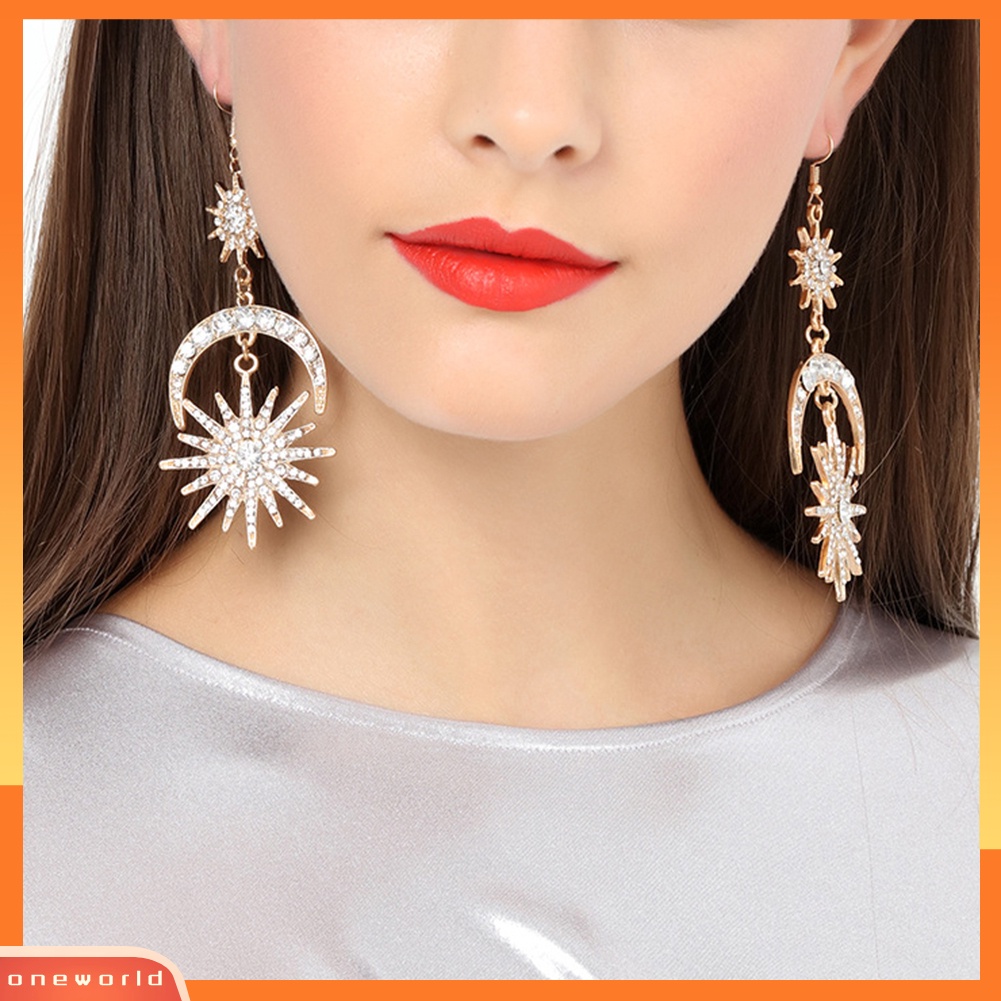 [WOD] Mewah Matahari Bulan Drop Anting Berlian Imitasi Mengkilap Ear Hook Boho Statement Jewelry