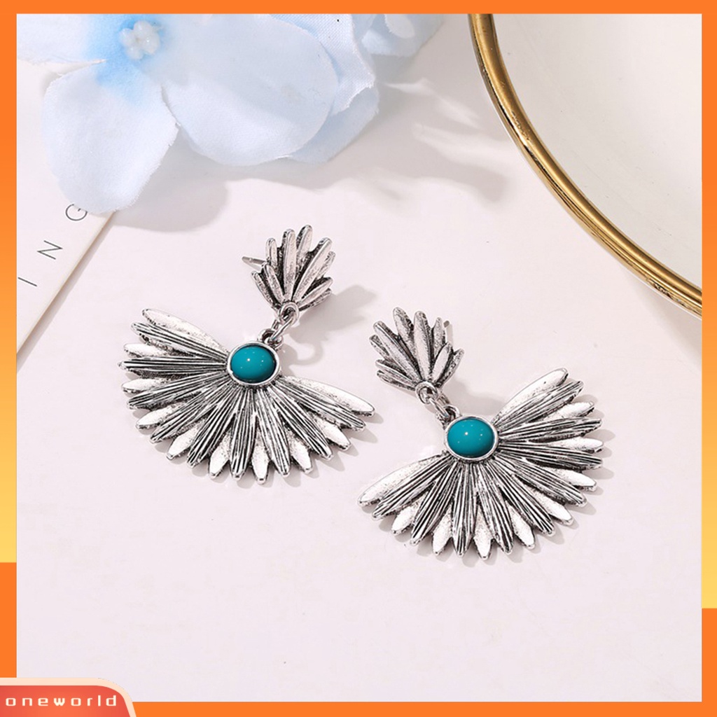 [WOD] Vintage Faux Turquoise Inlay Metal Bentuk Kipas Liontin Wanita Stud Earrings Jewelry