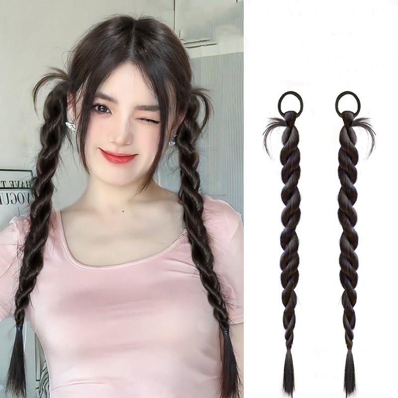 2pcs Y2K Gadis Keren Kepang Double Ponytail Wig Untuk Wanita Ekstensi Rambut 60CM