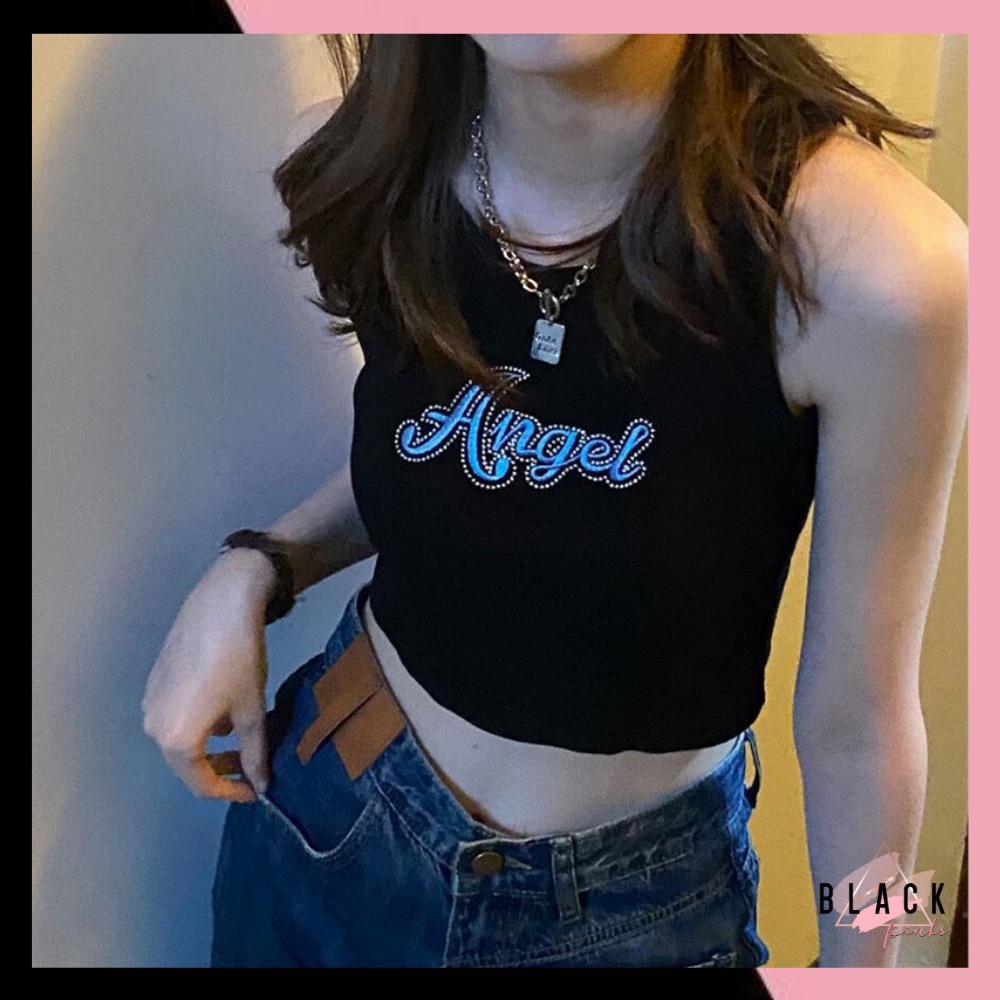 Blackpink Tanktop Bra Fashion Wanita Tulisan Angel Croptop Rajut Atasan Wanita Premium Import 1266