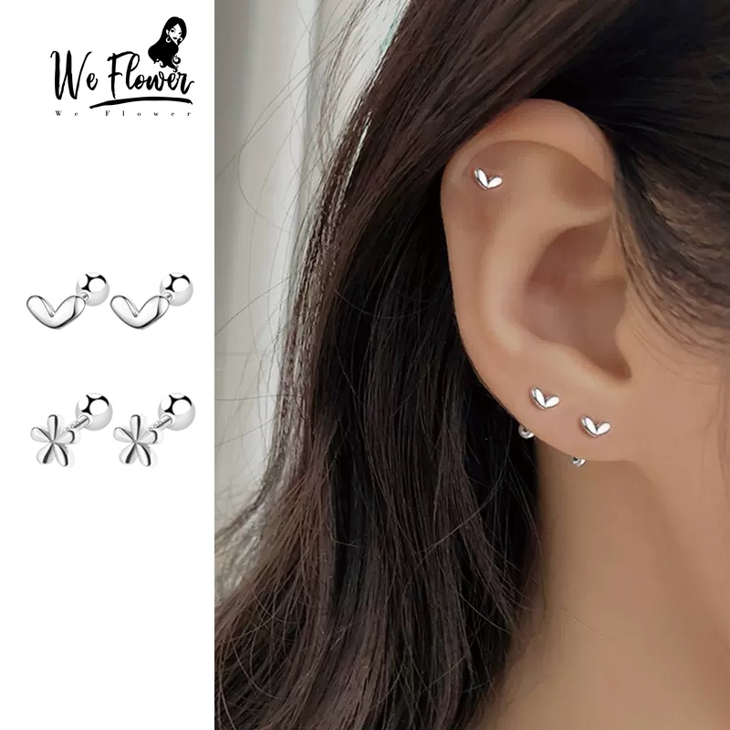 Kami Bunga Korea S925 Perak Bola Kecil Hati Bunga Stud Anting-Anting Untuk Wanita Pria Elegan Cinta Bunga Tindik Tulang Rawan Anting-Anting Hypoallergenic Pick Gratis Telinga Perhiasan Aksesoris