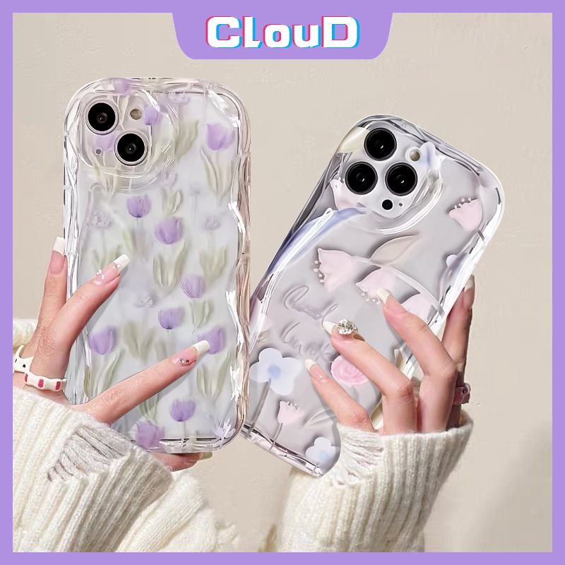 Casing Untuk Realme C25s C21Y C25 C35 C33 C20 C20A C12 C11 5 7i 6i 5s 9i 5i C55 C15 C25Y C30 C31 C17 C21 C3 Tulip Ungu Fresh Flower Transaprent Soft 3D Wavy Curved Edge Flower Case