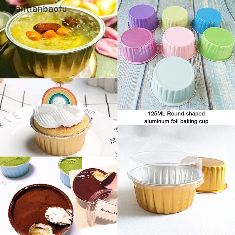 [tiantianbaofu] 10pcs 125ML Aluminium Foil Bulat Berbentuk Cupcake Cup Dengan Tutup Wadah Creme Butik