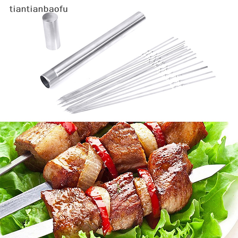 [tiantianbaofu] 15pcs Tusuk Sate Barbekyu Reusable Dengan Tabung Penyimpanan Stainless Steel BBQ Stick Butik