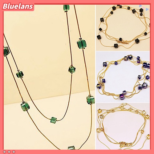 [BLS] Wanita Square Rhinestones Beads 2lapisan Golden Alloy Rantai Panjang Sweater Kalung