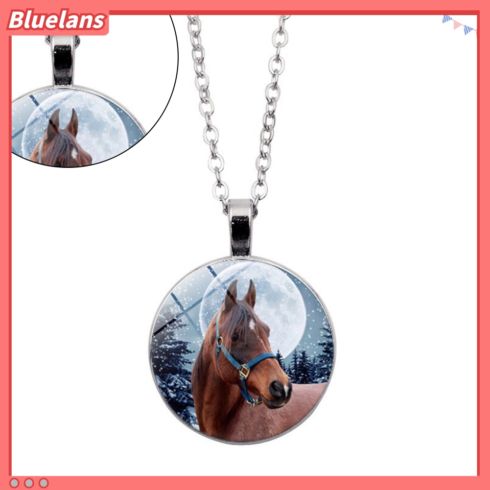 [BLS] Winter Horse Cabochon Vintage Kaca Liontin Rantai Kalung Wanita Perhiasan Hadiah