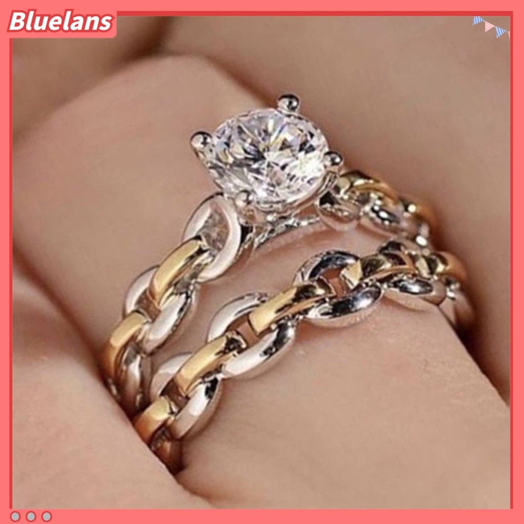 [BLS] 2pcs /Set Rantai Permukaan Halus Pernikahan Band Alloy Two-tone Berlian Imitasi Wanita Rings Charm Jewelry