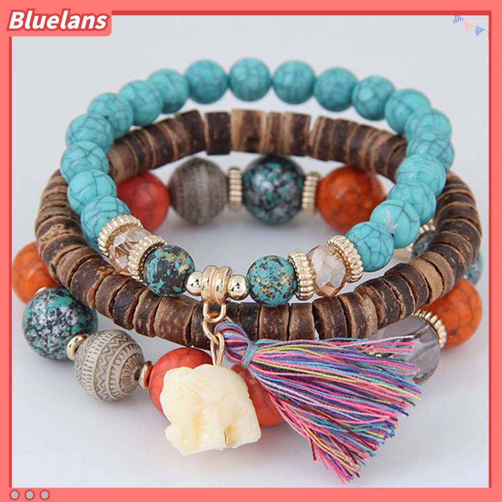 [BLS] 3pcs/set Tali Elastis Multilayer Resin Wanita Gelang Wanita Bohemia Gajah Rumbai Manik-Manik Gelang Perhiasan Aksesori