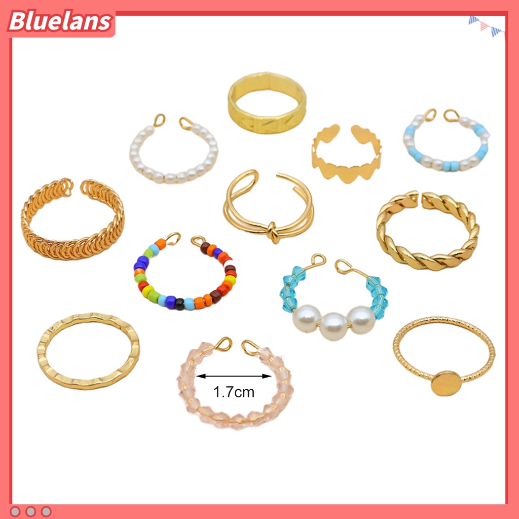 [BLS] 12pcs/set Mutiara Imitasi Multicolor Beads Knuckle Rings Bukaan Hati Simpul Wanita Knuckle Rings Perhiasan Aksesoris