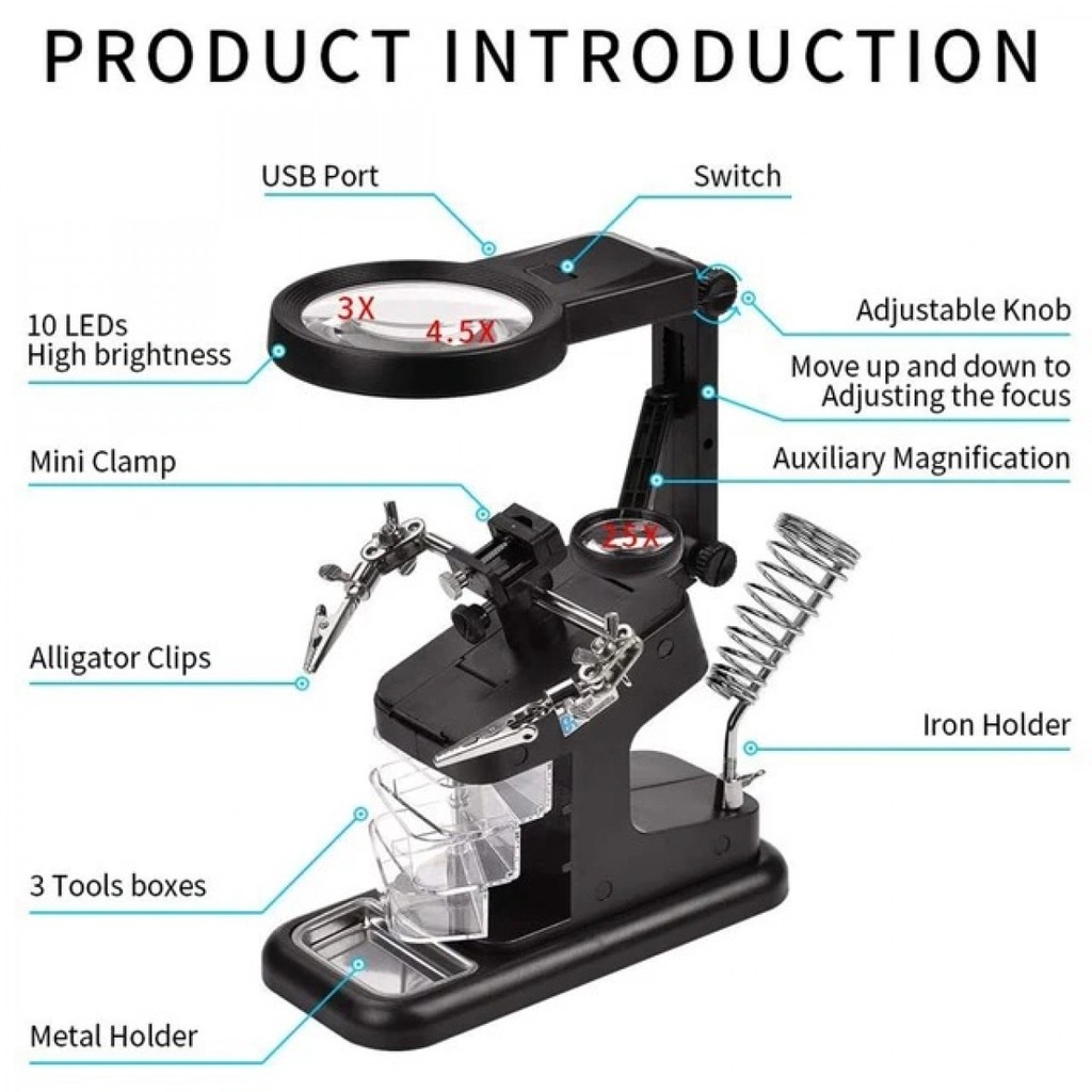 Pegangan Dudukan Solder dengan Kaca Pembesar LED 3X/4.5X/25X - TH 7026