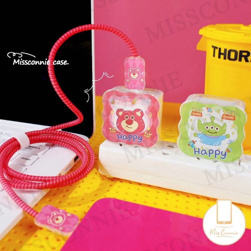 Set Lengan Kabel Data Tepi Bergelombang 5in1 Kompatibel Untuk Apple 18/20W Adaptor Charger Kartun Toy Story Strawberry Bear Macaron Permen Warna 3D Ikatan Simpul Cinta Hati Penutup Kabel Jalur USB