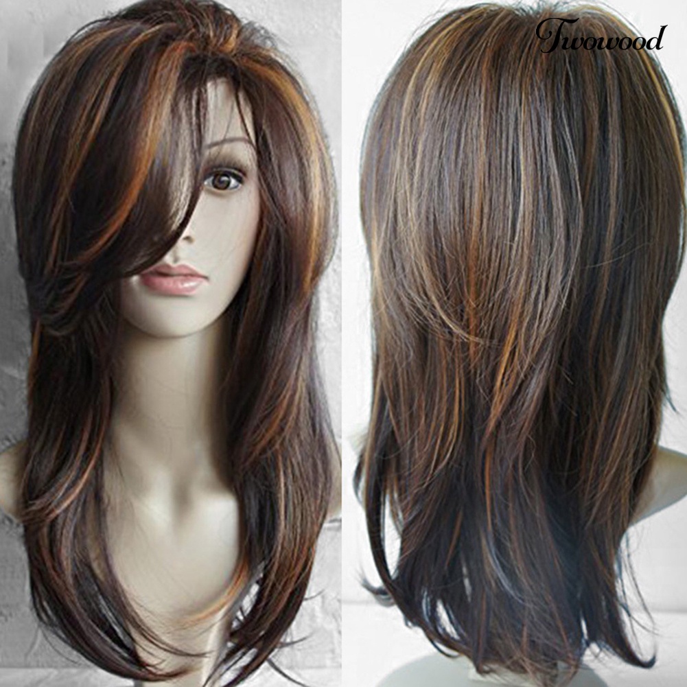 Twowood Fashion Coklat Keriting Wig Panjang Rambut Palsu Wanita Cosplay Pesta Menawan Sopak