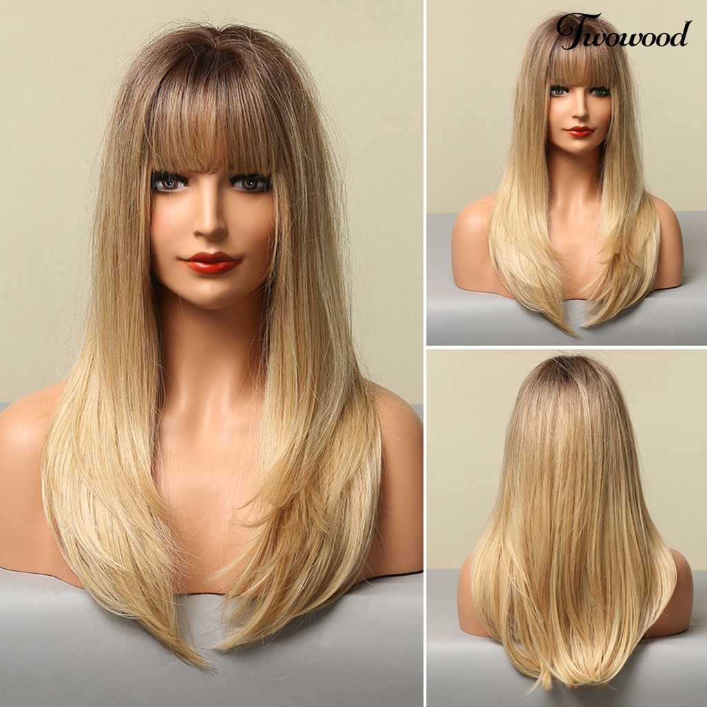 Twowood Wig Poni Sebagian Universal Halus Ringan Poni Pisah Sebagian Coklat Gradiasi Rambut Palsu Pirang Untuk Rumah