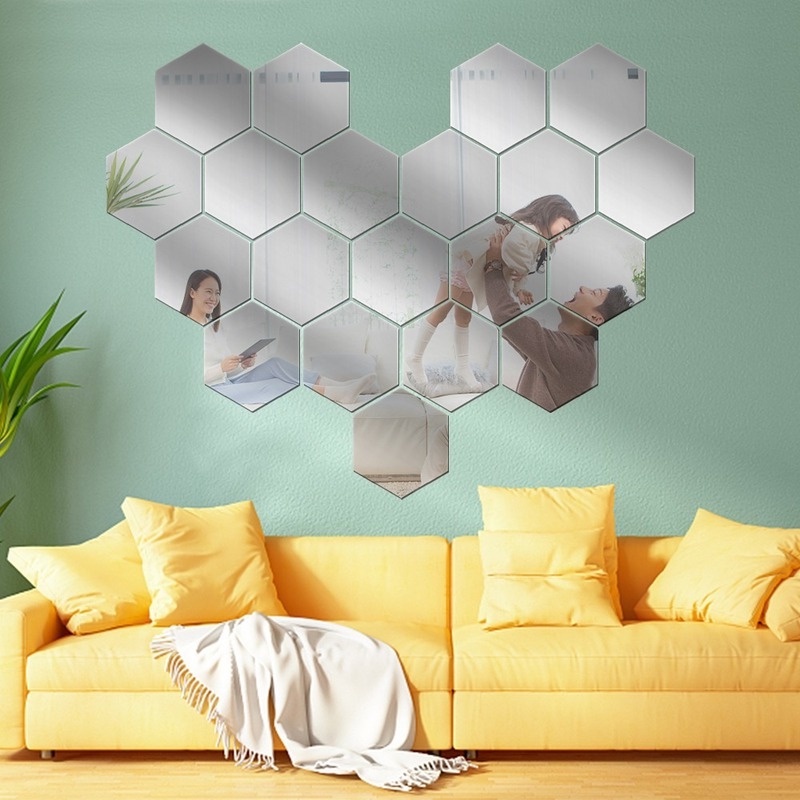 Stiker Dinding Akrilik Hexagon Mini/ Self Adhesive Reflektif Mirror Wall Decals/ Perlengkapan Dekorasi Backdrop Ruang Tamu