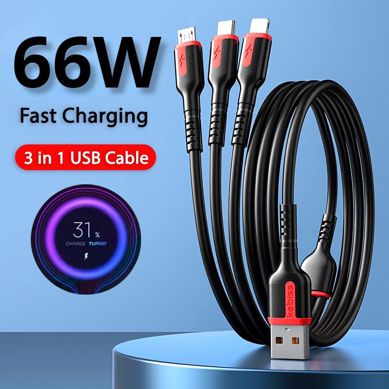 Kabel 3in1 66W 6A USB Tipe C Banyak Port Quick Charge Jalur Data Kabel Mobil Pegas USB Mikro Menebal Kabel Charger Tahan Lama Kabel Pengisian Cepat Kompatibel Dengan iphone &amp;Android