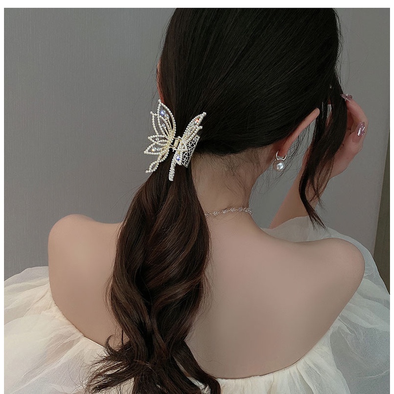 1pc Medium Hair Claw Clip Non Slip Penjepit Rambut Gaya Kupu-Kupu Gaya Berlian Imitasi Mutiara Dekorasi Jepit Tipis Tebal Rambut