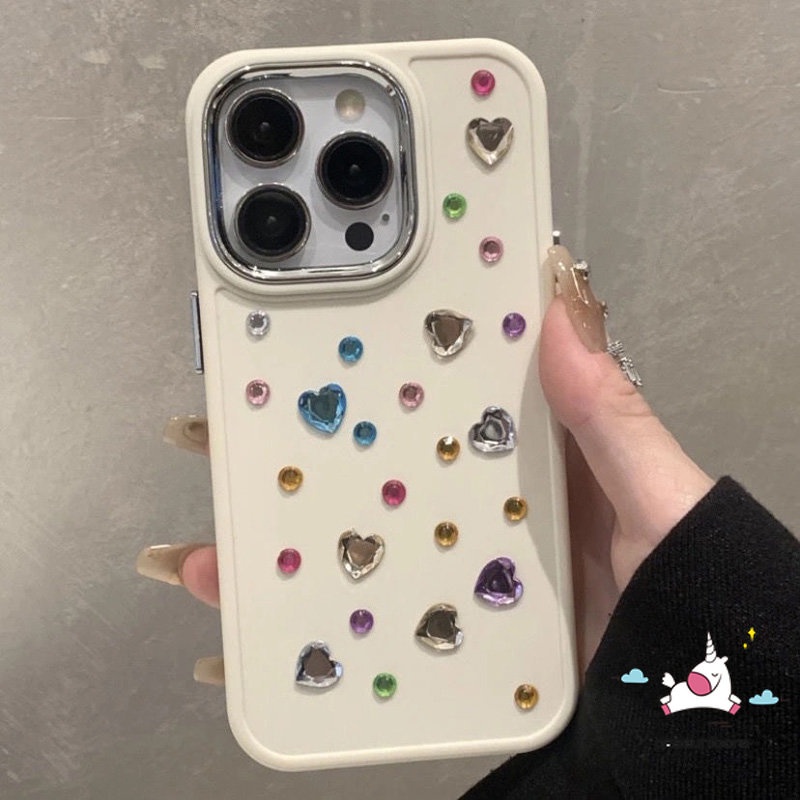 Casing Persegi Plating Mewah Warna Solid Sederhana Kompatibel Untuk iPhone 7Plus 11 8Plus 13 14 11 12 Pro MAX XR X XS MAX Warna-Warni Cinta Hati Berlian Casing Ponsel Dengan Dekorasi Stiker