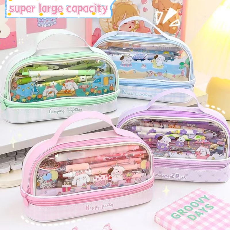 Korea INS Lucu Puppy Pensil Case Transparan Besar Double Layer Genggam Ritsleting Tas Penyimpanan Alat Tulis Siswa