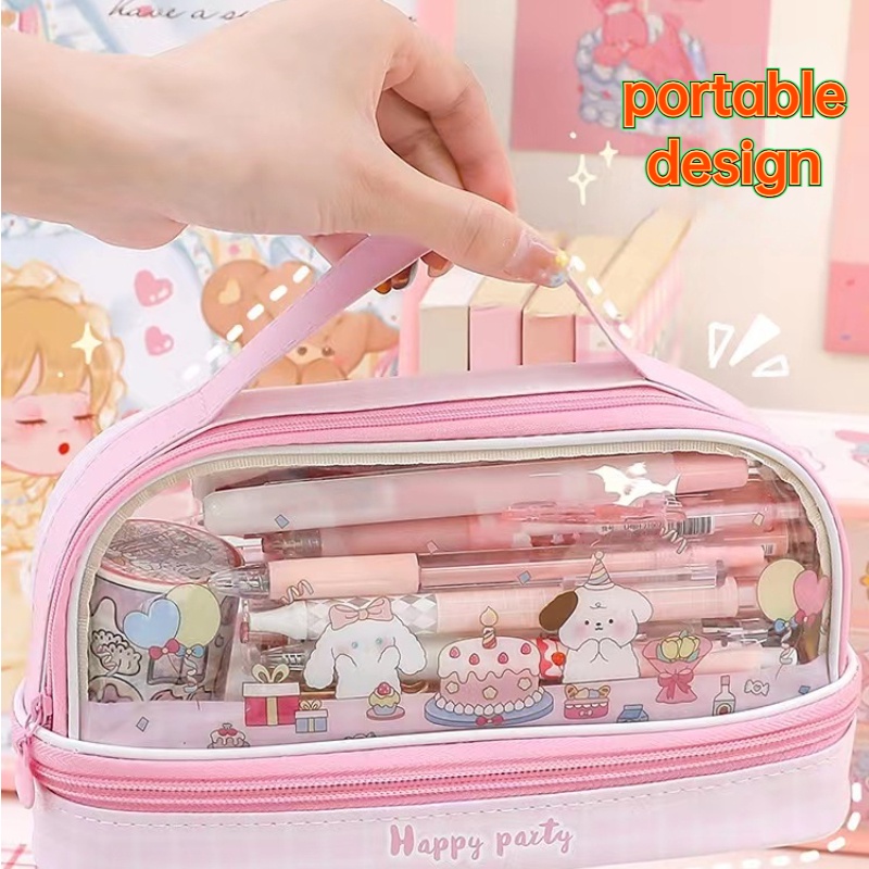 Happy Party Double Layer Pencil Case Kapasitas Besar Lucu Kartun Genggam Ritsleting Kotak Pensil Transparan Tas Pulpen Tas Penyimpanan Siswa Alat Tulis