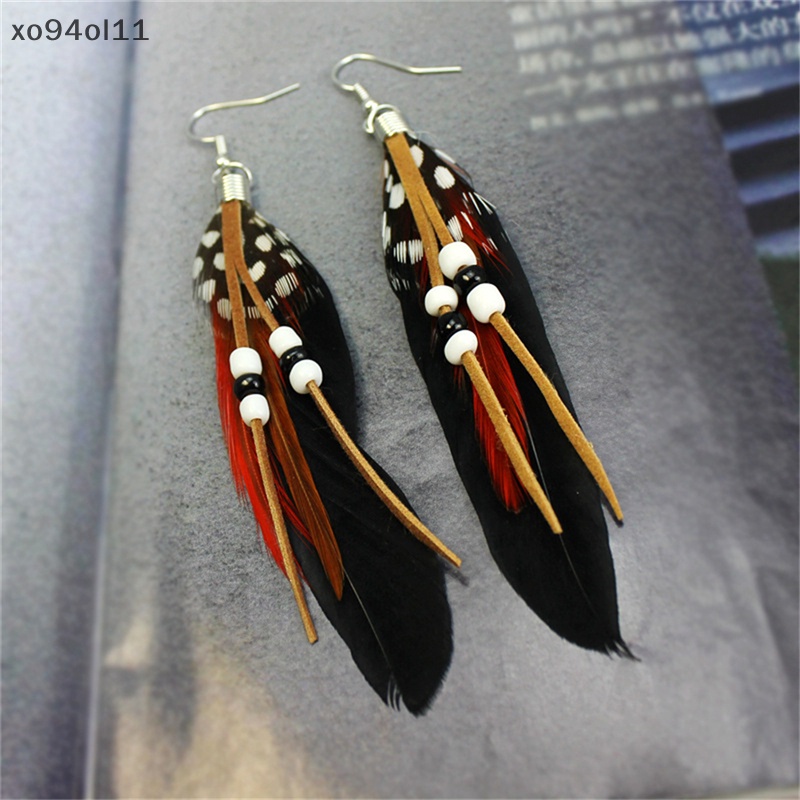 Xo Fashion Rumbai Menjuntai Anting Bulu Kulit Manik-Manik Anting Bulu India OL