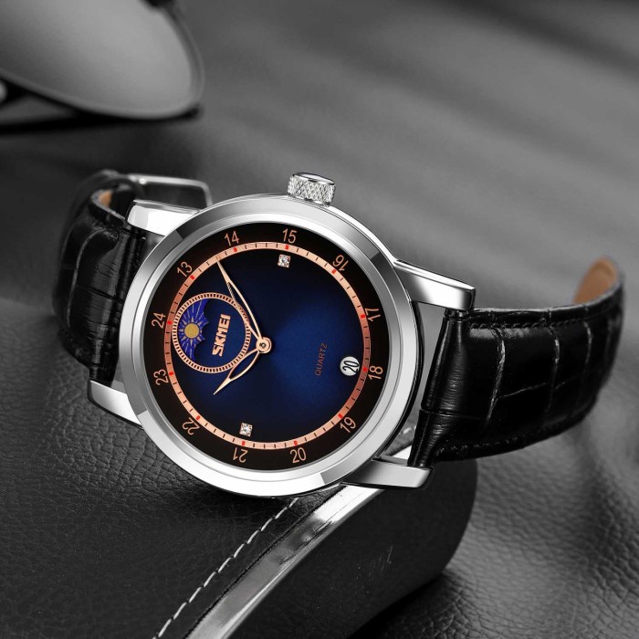 SKMEI Jam Tangan Pria Analog Leather Strap Moon Phase - Silver Biru