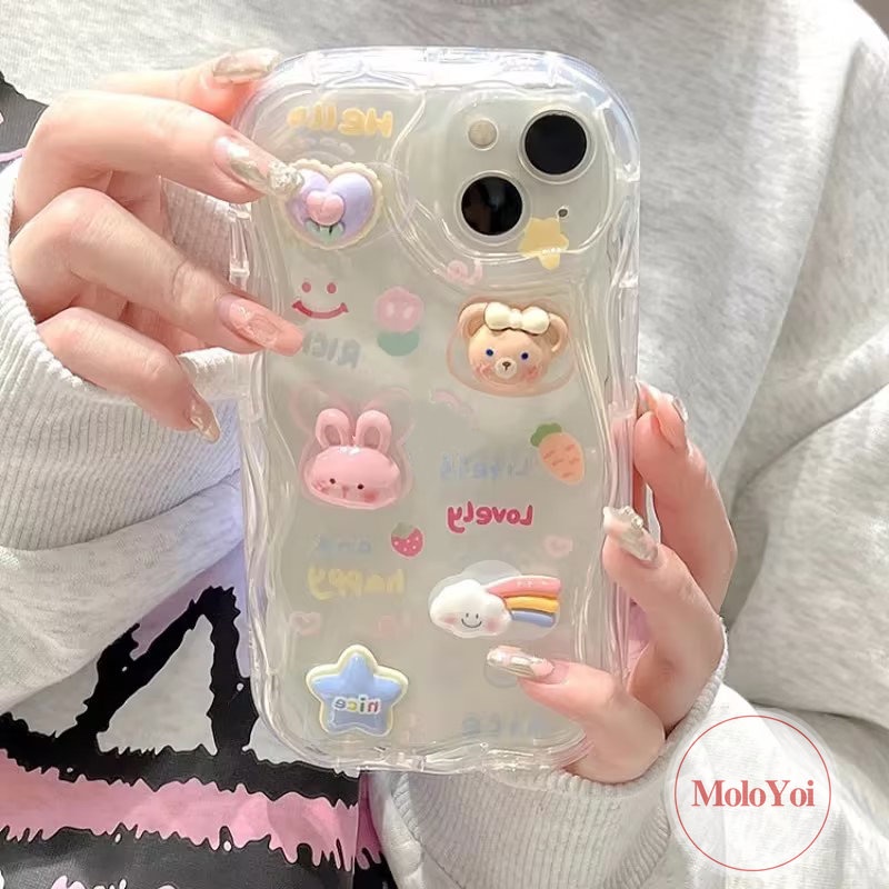 Kartun DIY Boneka Lucu Beruang Monster Bintang Kelinci Pelangi Casing Ponsel Kompatibel Untuk iPhone XR X XS Max11 12 13 14 Pro Max7 6s 8 6 Plus Se2020 3D Tepi Bergelombang Melengkung Glossy Soft Cover