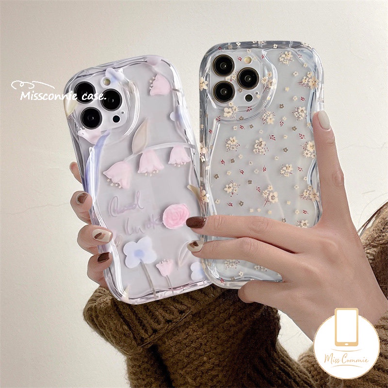 IPHONE Ins Segar Casing Ponsel Bunga Kompatibel Untuk Iphone11 14 13 12 Pro Max XR 7Plus 8Plus 78 6 6s Plus XS Max X SE 2020bunga Transparan 3D Wavy Curved Edge Soft Tpu Cover