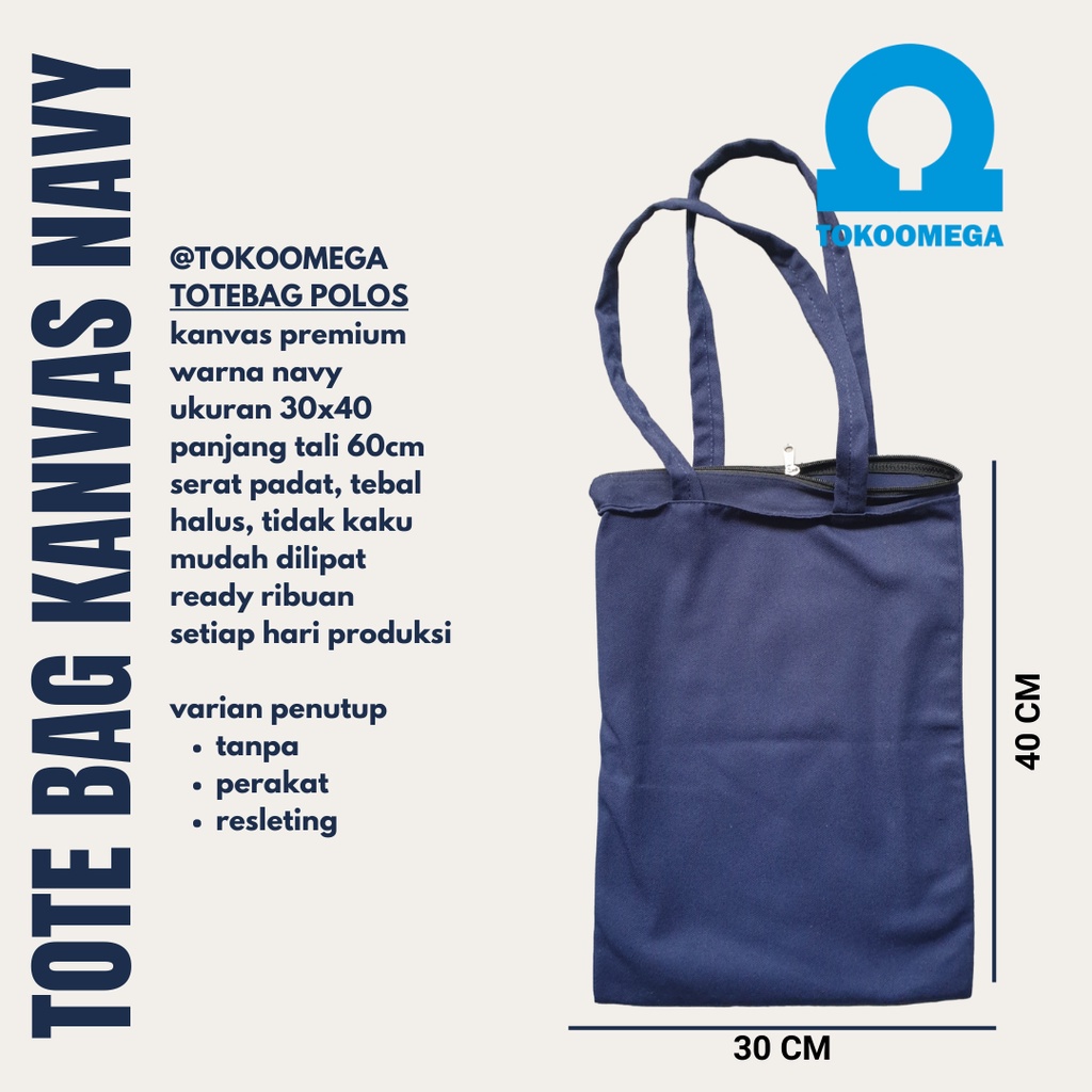 Totebag Custom Canvas Navy Cocok Untuk Kuliah Wanita Dan Pria, Tote Bag Resleting Kanvas Tebal Tas Tote Bag Polos 30x40