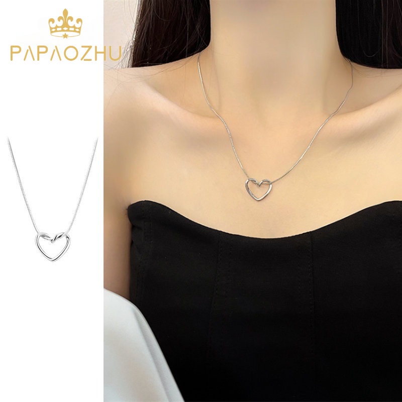 Papaozhu Chic Perak Memutar Berongga Jantung Liontin Kalung Untuk Wanita Gadis Sederhana Fashion Geometris Pesona Tulang Selangka Rantai Kalung Perhiasan Hadiah