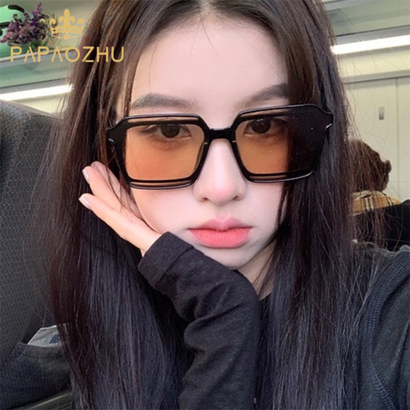 Papaozhu Ins Trendy Lensa Coklat Muda Besar Persegi Kacamata Hitam Untuk Wanita Pria Oversized Aesthetic Shades Outdoor Driving Eyewear Street Fashion Eyeglasses