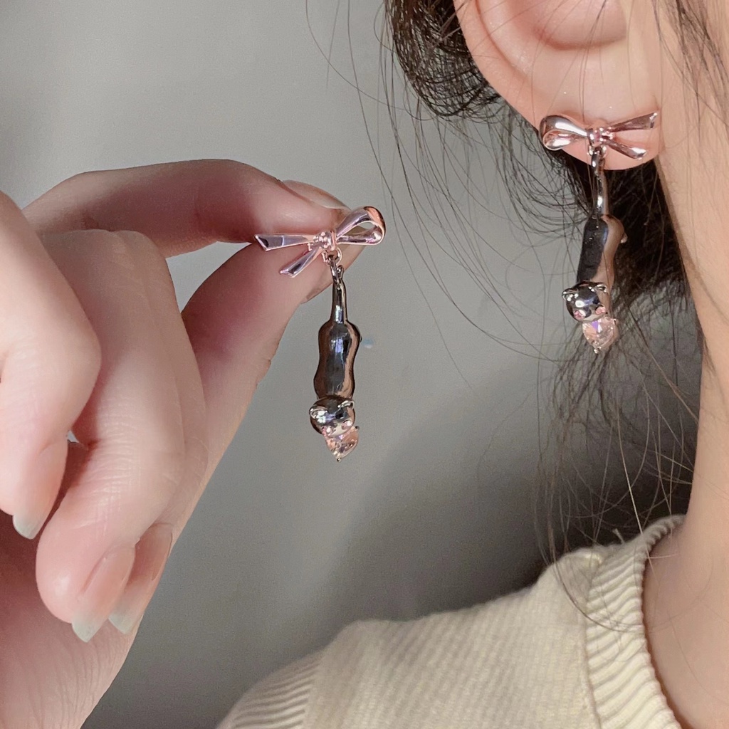 Elf Cat~Unique Lucu All-Match Pink Bow Cat Earrings Perempuan Niche Design High-End Necklace