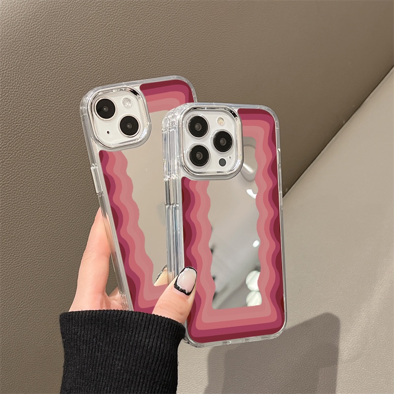 IPHONE Casing Ponsel Cermin Gelombang Pink Ungu Kompatibel Untuk Iphone11 12 13 14 12Pro 13Pro 14Pro Pro Max XR X XS Max Electroplating Tombol Perlindungan Mirror Cover