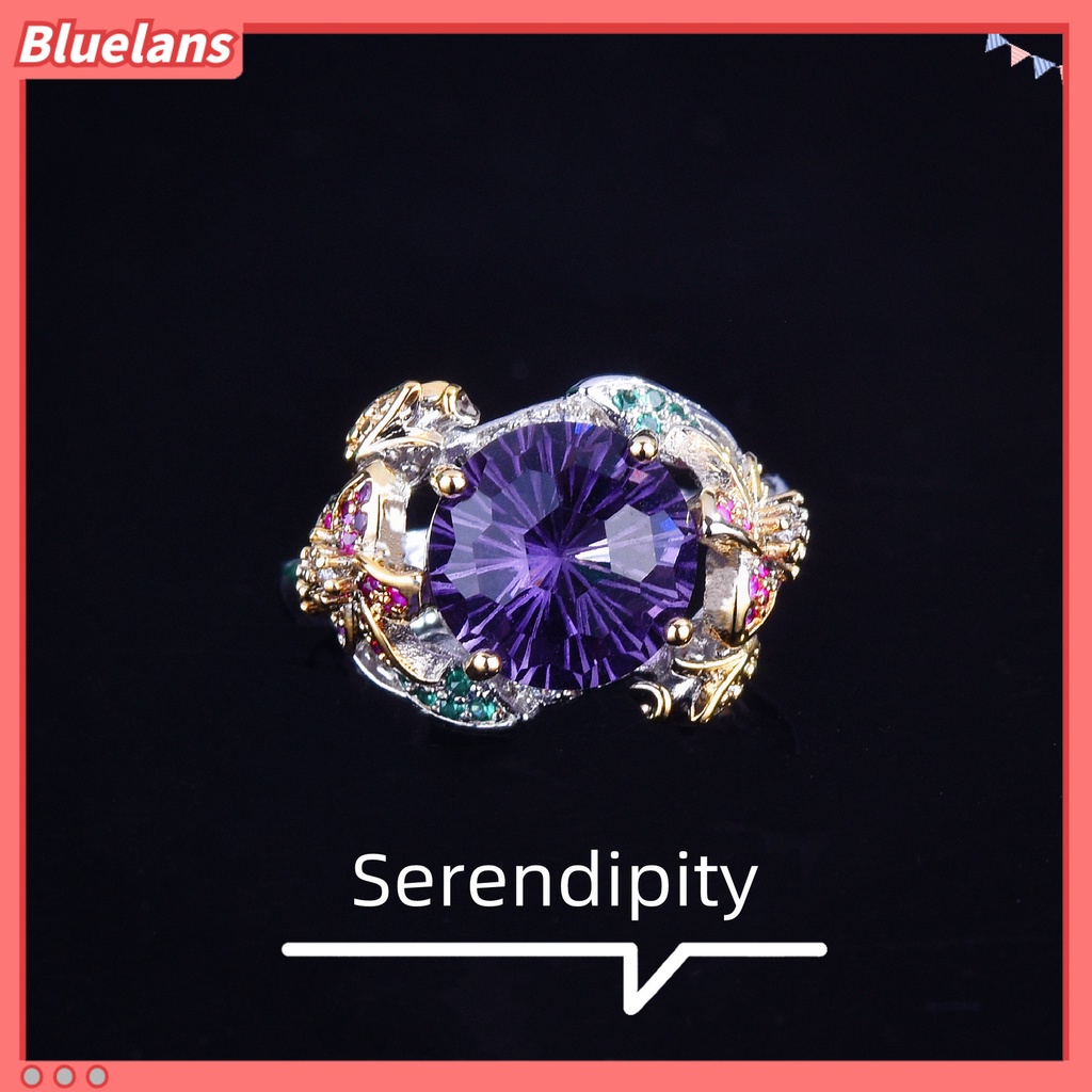[BLS] Cincin Berlian Ungu Potongan Kerja Hias Tangan Dua Warna Emas Dengan Bunga Warna-Warni Dan Membuka Cincin Harta Karun Berwarna