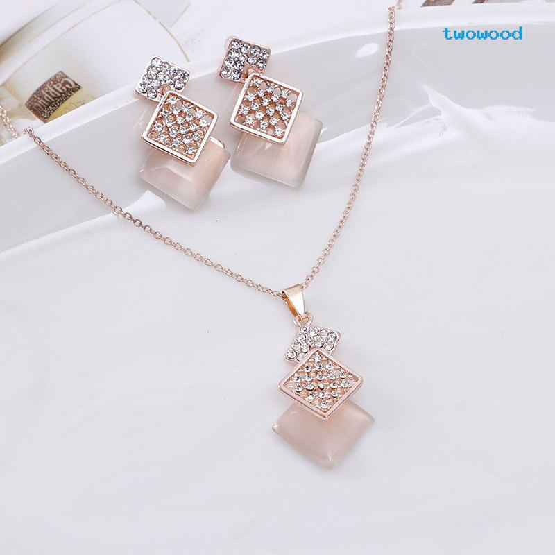 Twowood Fashion Berongga Persegi Berlian Opal Set Anting Kalung Perhiasan