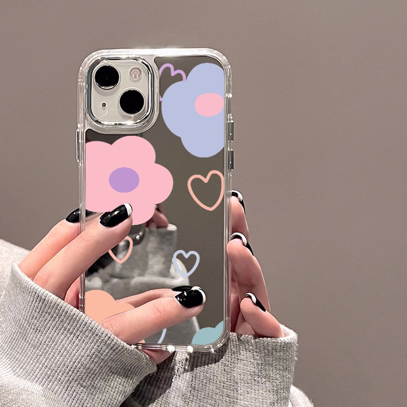 IPHONE Casing Ponsel Cermin Bunga Pink Biru Kompatibel Untuk Iphone11 12 13 14 12Pro 13Pro 14Pro Pro Max XR X XS Max Electroplating Tombol Perlindungan Mirror Cover