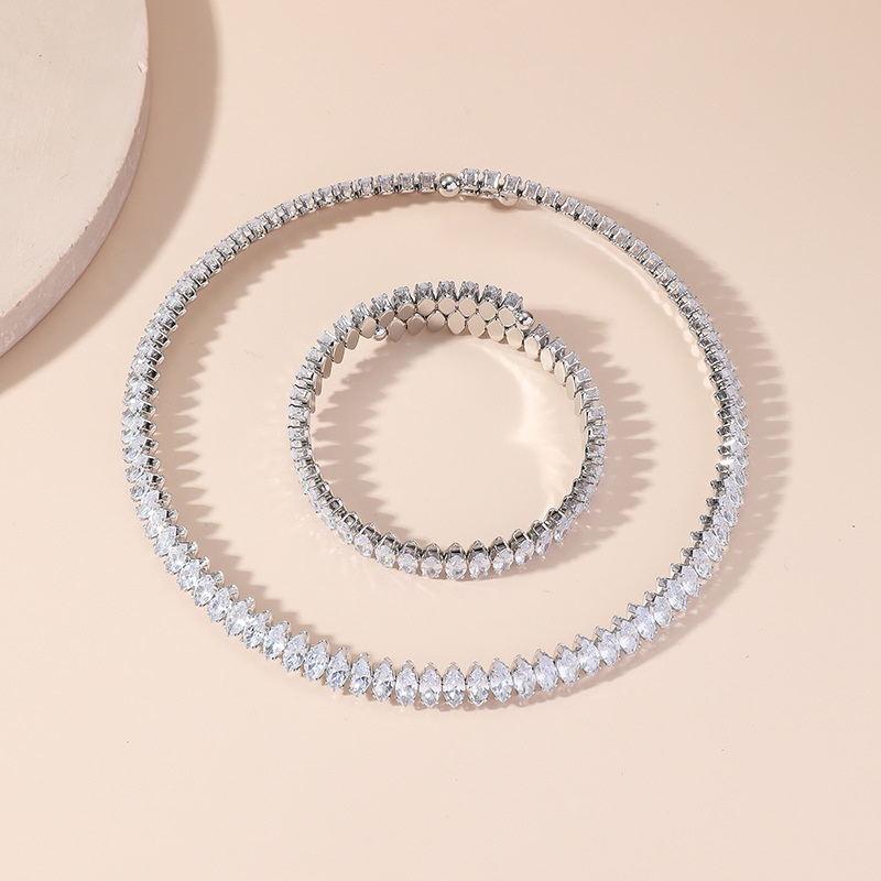 2-piece Korea Penuh Berlian Zirkon Kalung Gelang Set Dengan Bentuk Mata Kuda Kalung Fashion Sederhana Tali Kalungchain