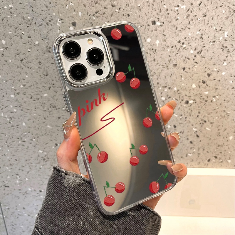 IPHONE Cherry Mirror Phone Case Kompatibel Untuk Iphone11 12 13 14 12Pro 13Pro 14Pro Pro Max XR X XS Max Electroplating Tombol Perlindungan Mirror Cover