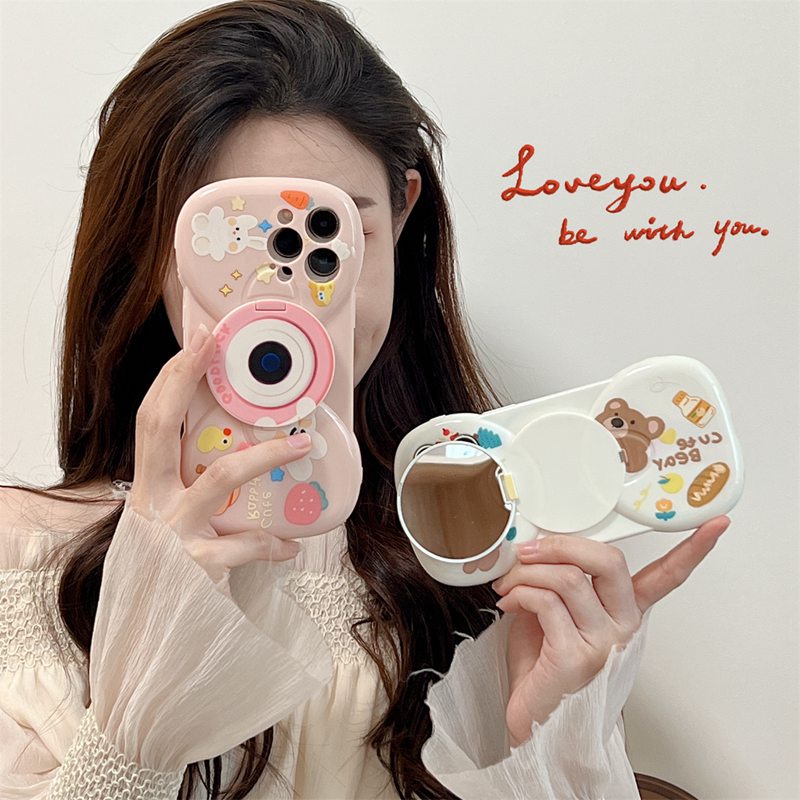 【Bow Mirror】So Cute Silicone SoftCase IPhone 11 12 13 14 Pro Max Women's Fashion Gift Phone Case Brand Gift Pink Rabbit Bear Makeup