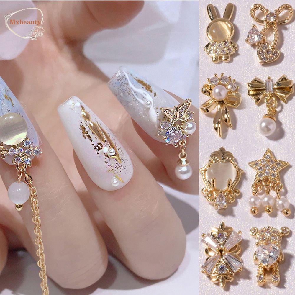 MXBEAUTY Zirkon Dekorasi Nail Art Mutiara Emas Logam Wanita Ornamen Berlian Imitasi Busur Gaya Korea 3D Perhiasan Kuku