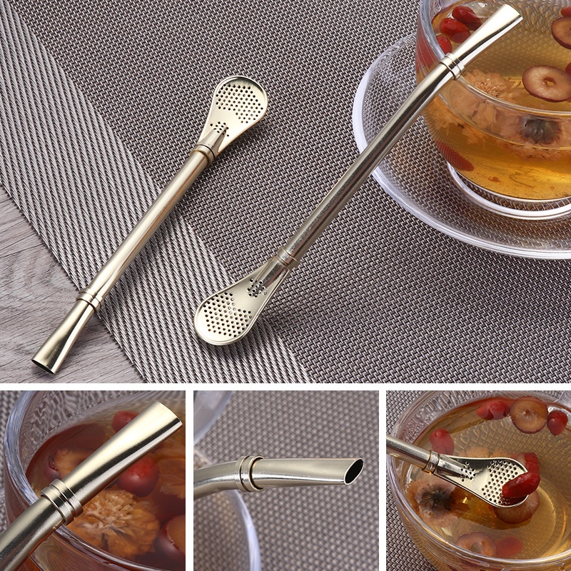 Sedotan Minum Teh Stainless Steel 304sendok Yerba Mate Tea Filter Spoons Reusable Bombilla Labu Alat Teh Kopi Sedotan Pengaduk Kreatif 2in1 Sendok Teh