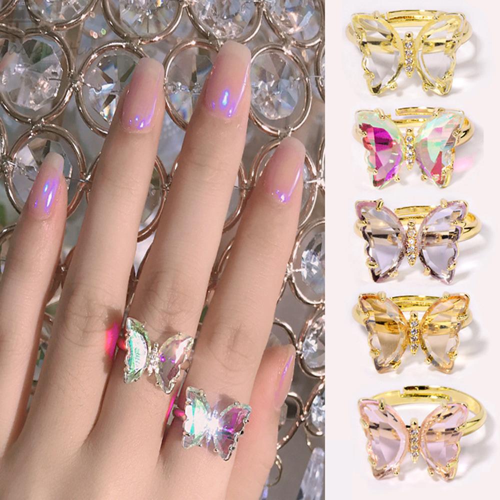 AUGUSTINA Agustinina Kristal Kupu-Kupu Cincin AB Berlian Adjustable DIY Nail Art Shiny Nail Aksesoris Foto Properti Perhiasan Kuku