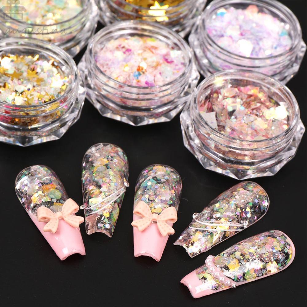 AUGUSTINA Agustina Paku Payet Wanita Warna-Warni Cinta Hati Hexagons Bintang Hologram Glitter Kuku Glitter Serpihan