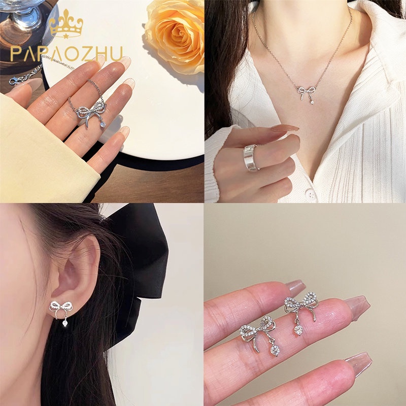 Papaozhu Chic Bersinar Zirkon Busur Stud Anting Kalung Untuk Wanita Gadis Bergaya Berongga Berkilau Ikatan Simpul Anting Temperamen Perhiasan Leher