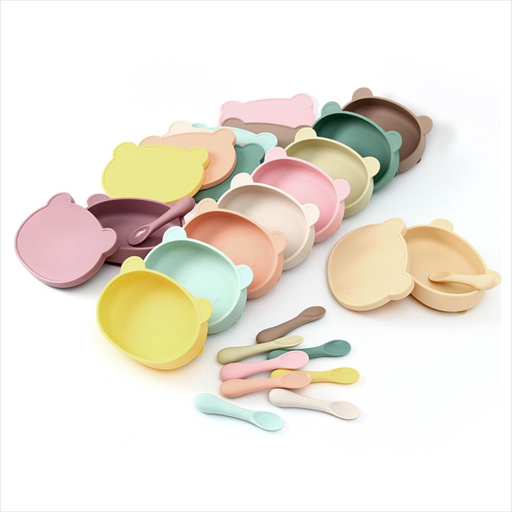 JM0101 Silicone Plate Bear (Dengan Tutup) Piring Set Bayi Silicone Bear Feeding Set Perlengkapan Makan Mpasi Baby Plate