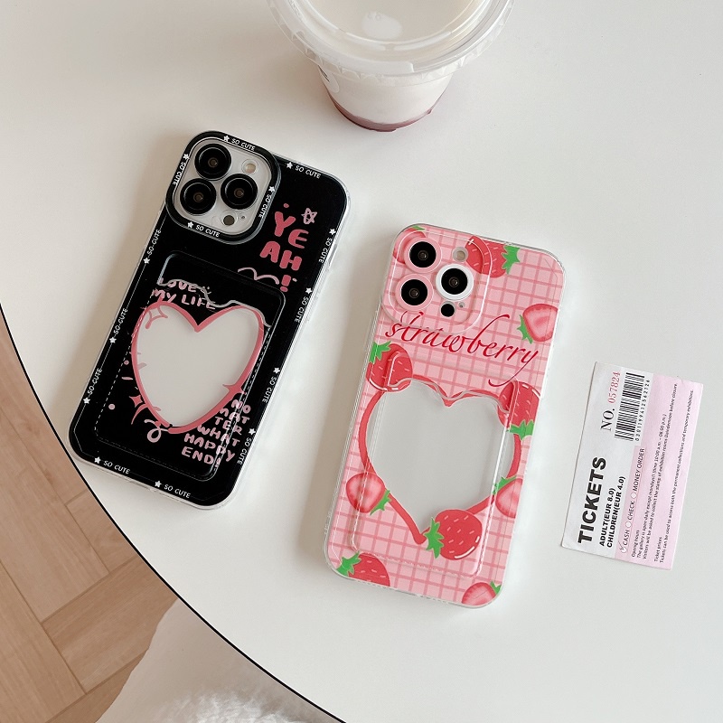IPHONE Untuk Iphone14 13 12 11 Pro Max X XR XS Max Kartun Strawberry Cinta Hati Desain Lengan Kartu Soft Case Transparan